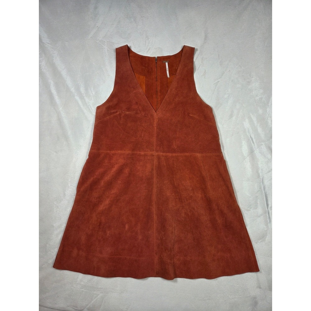 Free People Retro Love Rust Cognac Genuine Suede V-Neck Mini Dress Small